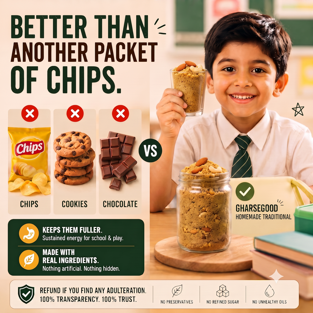 Gharsegood Homemade Roasted Sattu Crumble for Kids and Adults 200 g Total | Modern Sattu Panjiri | Made fresh in small batches with roasted sattu, pure desi ghee, jaggery & nuts.